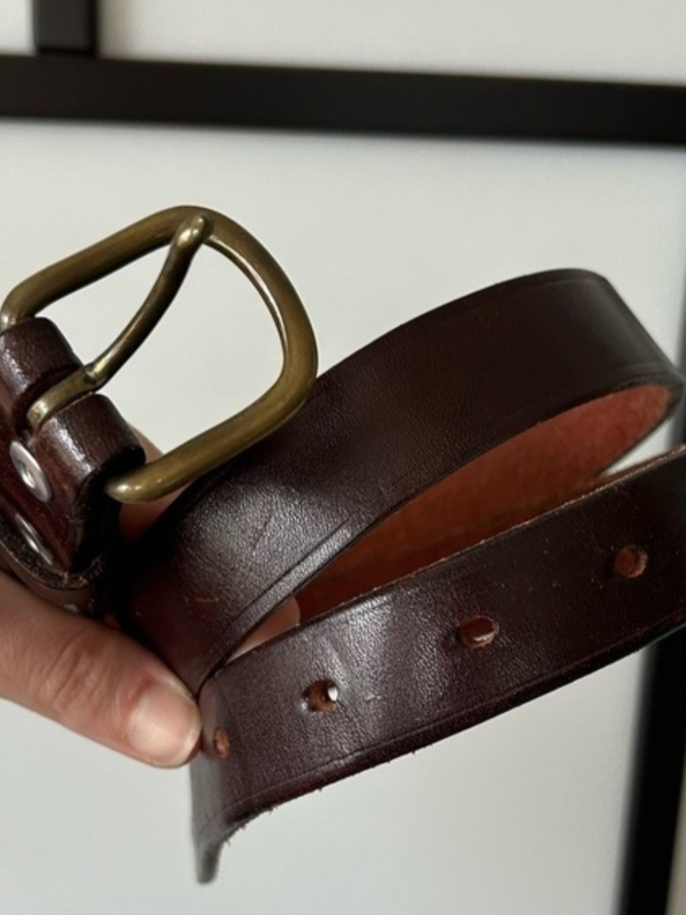 Unisex Classic Dark Brown Leather Belt with Brass Buckle 31" at first hole